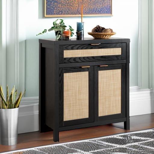 SICOTAS Sideboard Buffet Storage Cabinet, Rattan Accent Cabinet with Doors