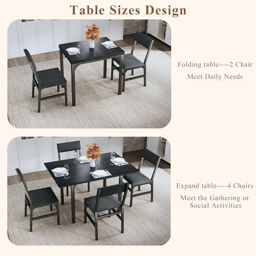 HUAHUU Dining Table Set for 4, Extendable Kitchen Table Cushion Chairs Set of 4, Rectangle Dining Table with Metal Frame & MDF Board, Folding for Small Apartment Saving Space, Black