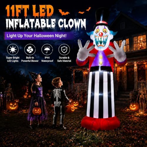 11FT Giant Halloween Inflatables Clown Ghost Outdoor Decorations, Giant Blow Ups with Build-in LED Lights, Scary Yard Garden Decoration for Halloween Party Indoor Outdoor