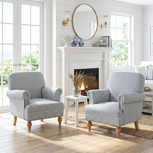 Blue Striped Linen Fabric Accent Chair, Coastal Upholstered Armchair with Nailhead Trim & Ball Turned Wood Legs, Modern Farmhouse Club Chair for Living Room Bedroom Guest Room