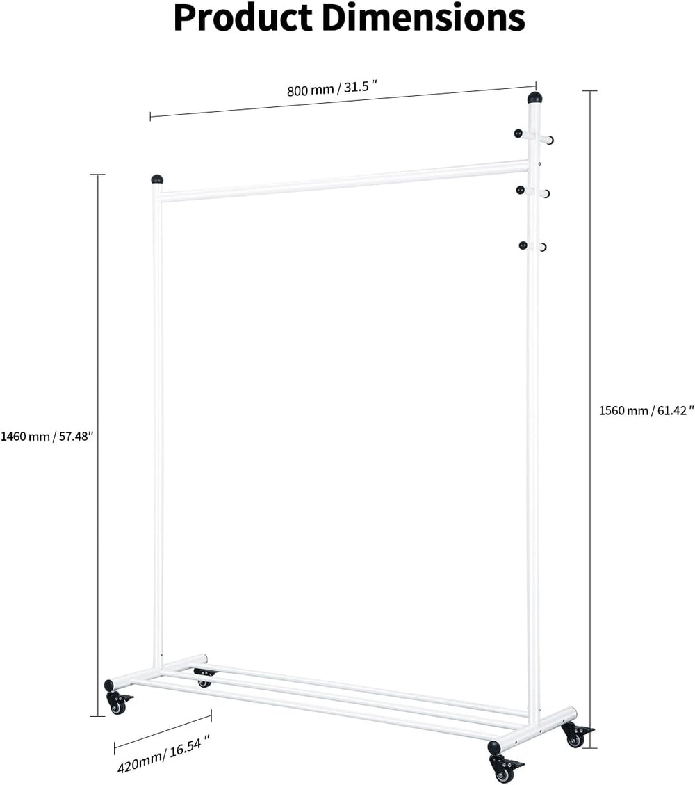 Rolling Clothes Rack Heavy Duty Garment Rack with Wheels, White