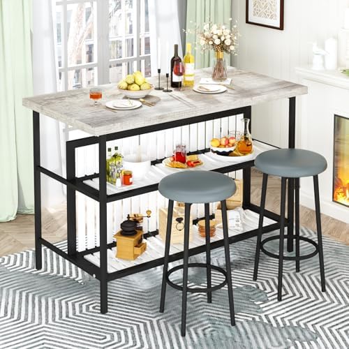 AWQM Kitchen Island with Seating & Storage, Bar Table and Chair Set, Grey