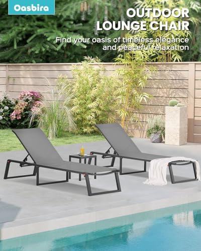 Aluminum Chaise Lounge Chair Outdoor, Foldable& No Assembly Patio Pool Lounge Chairs 5-Position Recliner for Outside, Fully Grounded Legs Sun Lounger for Poolside, Dark Grey