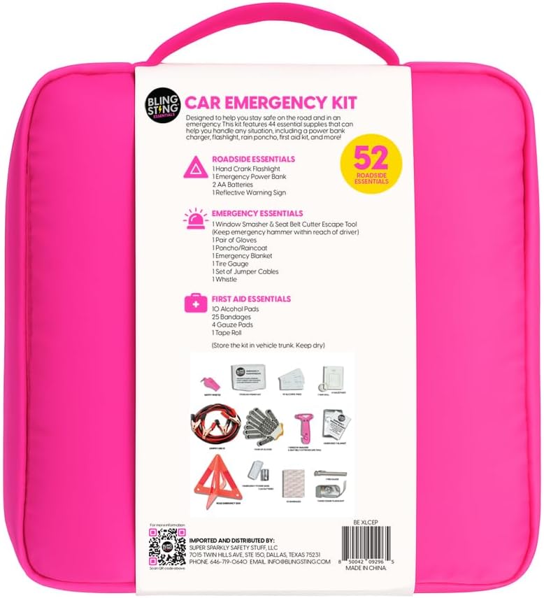 Supercharged Car Emergency Kit – 52-Piece Pink Roadside Safety Tools with Jum...