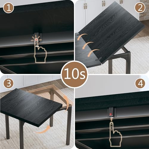 HUAHUU Dining Table Set for 4, Extendable Kitchen Table Cushion Chairs Set of 4, Rectangle Dining Table with Metal Frame & MDF Board, Folding for Small Apartment Saving Space, Black