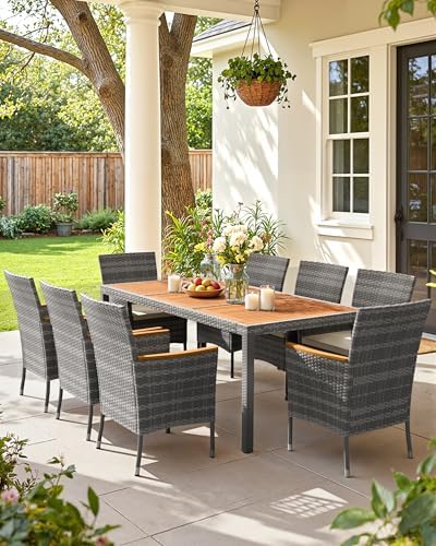 Flamaker Patio Dining Set for 8 Outdoor Acacia Wood Table and Chairs, Gray
