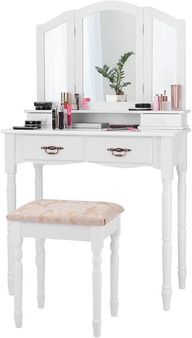GIANTEX Vanity Set with Tri-Folding Mirror, Makeup Dressing Table with 4 Draw...