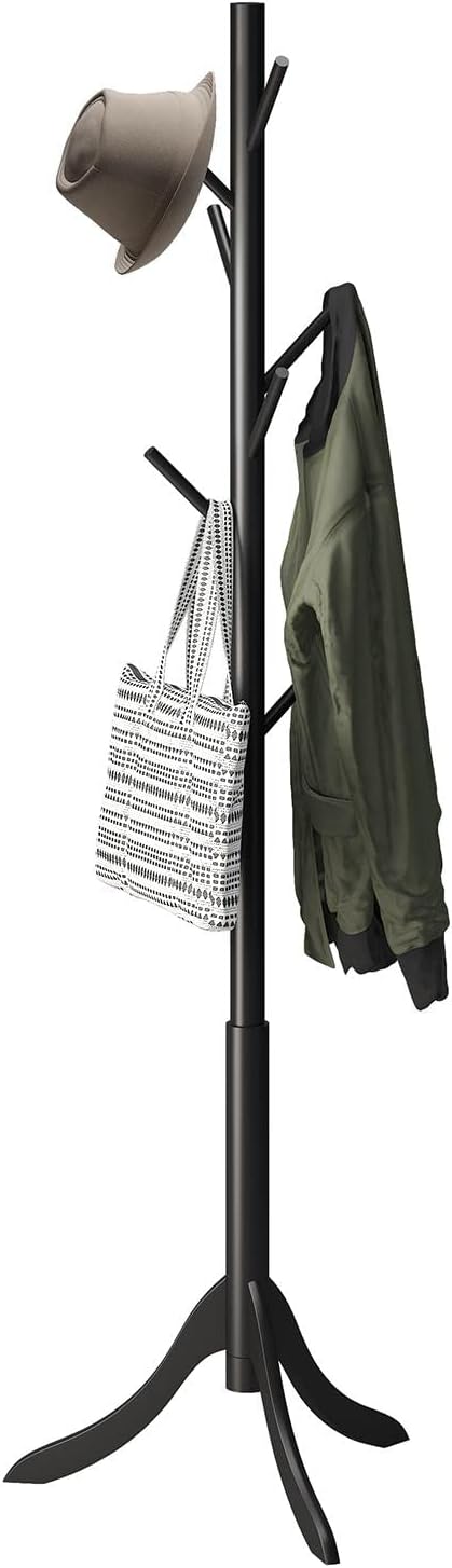 kiplant Black Coat Rack Stand, Bamboo Wood Freestanding Coat Tree with 8 Hook...
