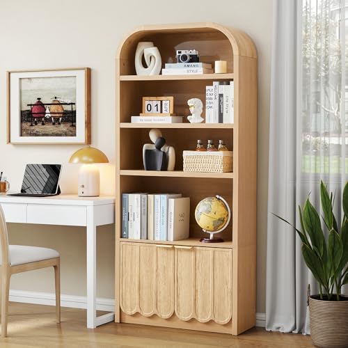 ORRD 70" Tall Arched Bookshelf with Storage Cabinet, Modern 4-Tier Wood Bookcase with Scalloped Doors & Gold Handles, Open Display Shelves for Living Room, Bedroom, or Home Study Office (Natural)