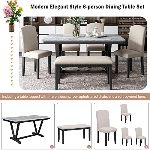Merax Modern 6-piece Dining Table with Cushions Chairs and Bench, Elegant Dining Table Seat Backs for Dining Room, White