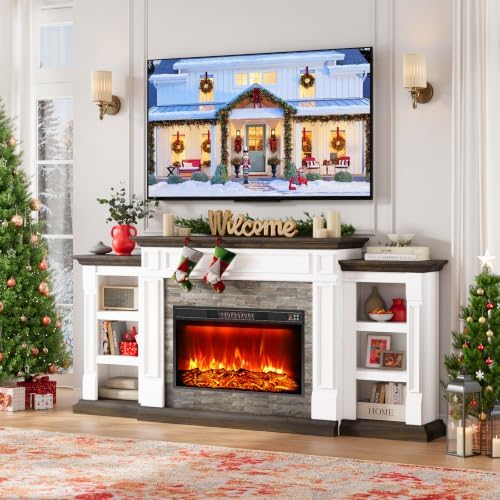 Naice 80" Electric Fireplace with Mantel Fireplace TV Stand for Living Room | Entertainment Center with 30in Realistic Flame Fireplace Heater and Reallike Stacked Stone Surround, White&Brown