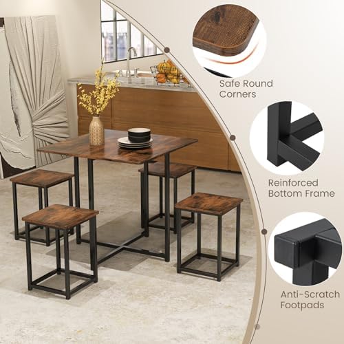 Tangkula Compact Dining Table Set for 4, Small Kitchen Table Set with Square Stools and Metal Frame, Perfect for Small Spaces, Home Kitchen Bar and Apartments