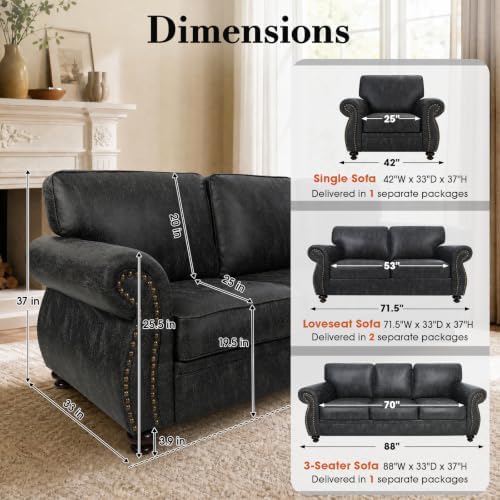 Couchus 88" W Living Room Furniture Sets, 3-Seater&Loveseat&Single, Grey | Faux Leather Fabric Sofa and Couch Sets, Mid-Century Sofa Set with Nailhead Trim (3-Piece)