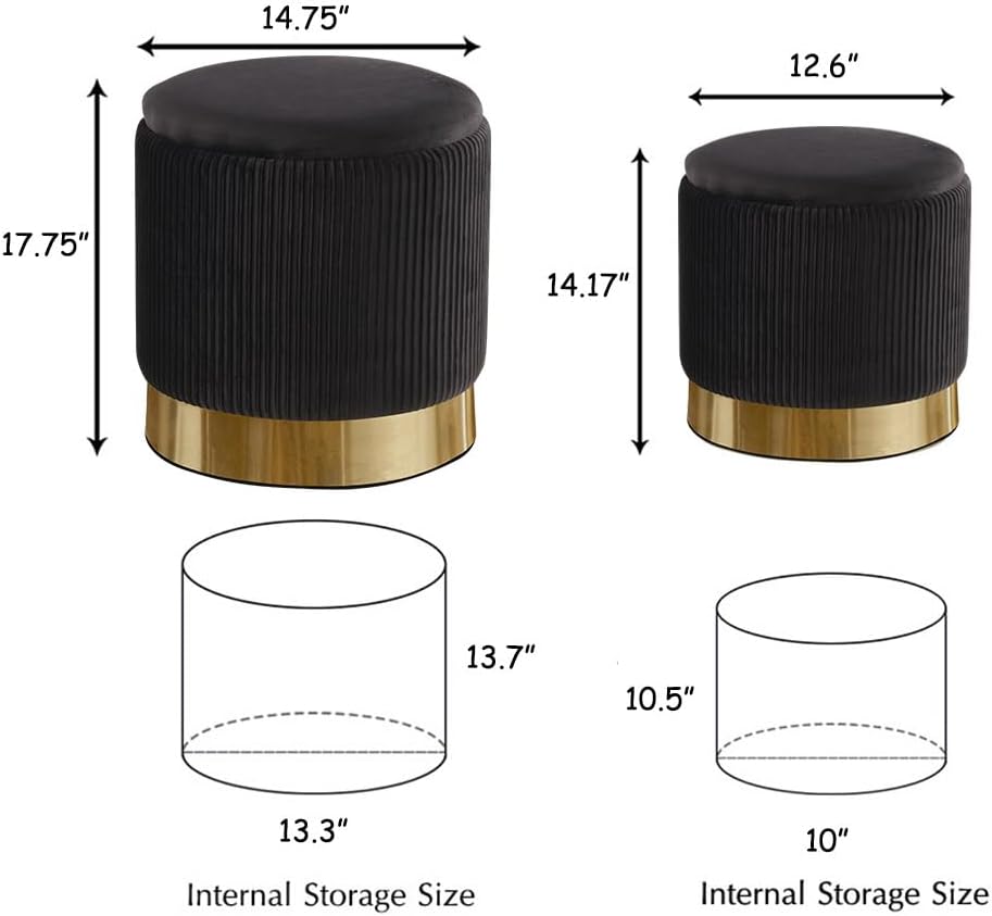 Round Ottoman with Storage Set of 2 Black Vanity Stool Foot Rest