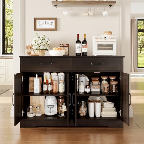 HOSTACK 47" W Kitchen Sideboard Buffet Cabinet with Storage Drawers, Brown