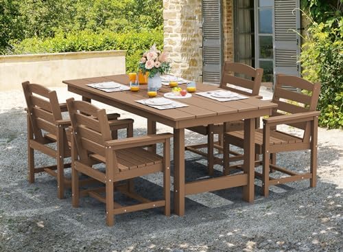 SERWALL 7 Pcs Outdoor Dining Set, 1 Umbrella Hole Table & 6 Chairs, Brown