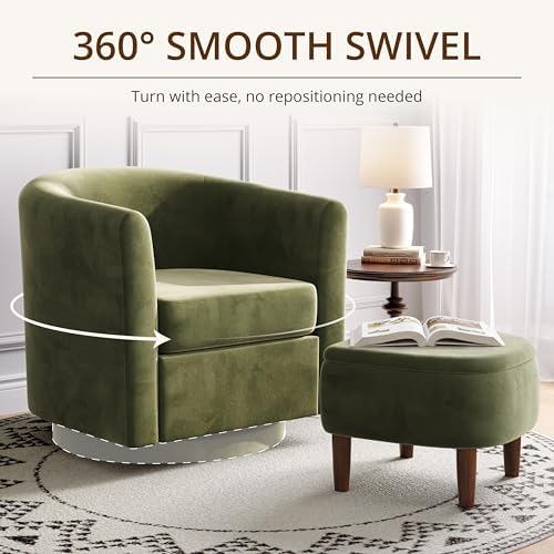 360° Swivel Accent Chair with Storage Ottoman | Small Modern Velvet Barrel Chair, Upholstered Armchair with Footrest for Living Room/Reading/Bedroom, Green