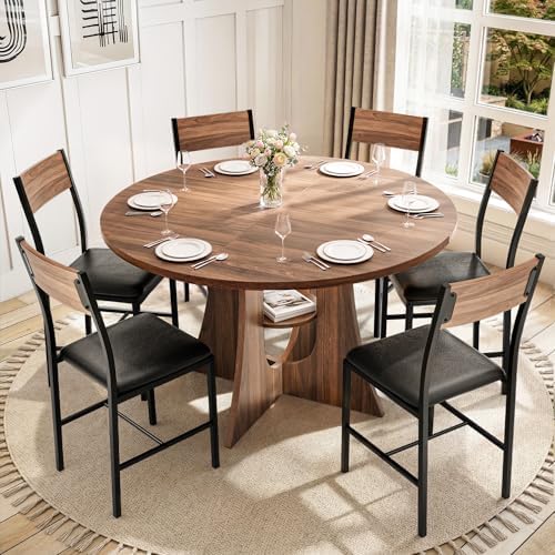 Pamapic Dining Table Set for 6, 47" Round Dining Table with Chairs, Cross Base Design, Storage Shelf, Durable Wood Grain, Space-Saving Kitchen Table and Chairs for Dining Room & Living Room, Walnut