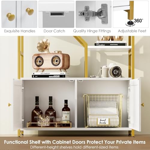 Keyluv 76" Tall White & Gold Bookshelf with Storage Cabinet