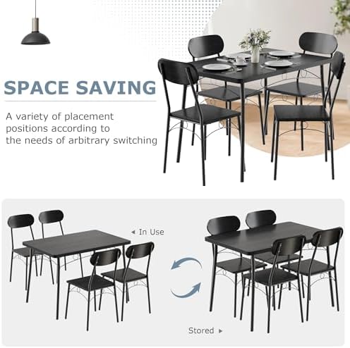 VECELO Dining Table Set for 4, 5-Piece Kitchen Table with 4 Chairs, MDF Board Tabletop with Metal Frame for Small Space, Compact Dinette, Breakfast Nook, Matte Black
