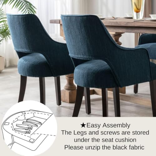 Blue Linen Upholstered Dining Room Chairs Set of 2 with Arms