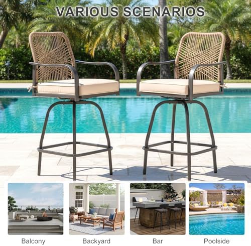 Outdoor Wicker Bar Stools Set of 2, Patio Bar Swivel Chairs