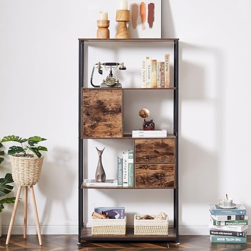 VECELO 5-Tier Bookshelf,Bookcase with Drawers and Cabinet,62"x 31"x 12",Wooden Book Shelves with Metal Frame,Open Storage Shelf for Living Room, Bedroom,Office,Kichen，Brown