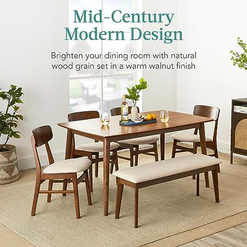 Best Choice Products 6-Piece Wooden Dining Set, Mid-Century Modern Table & Upholstered Chair Set w/Bench Seat, Rubberwood Legs - Walnut/Cream