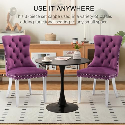 3-Pieces Dining Sets, 31.5" Round Dining Table with 2 Velvet Upholstered Dining Chairs,Silver Plated Legs Design for Kitchen Dining Room Apartment(1 Black Table with 2 Purple Chairs)
