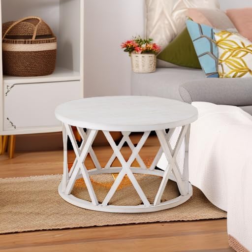COZAYH Farmhouse Coffee Table, Rustic Round Coffee Table with X-Motifs Legs, ...