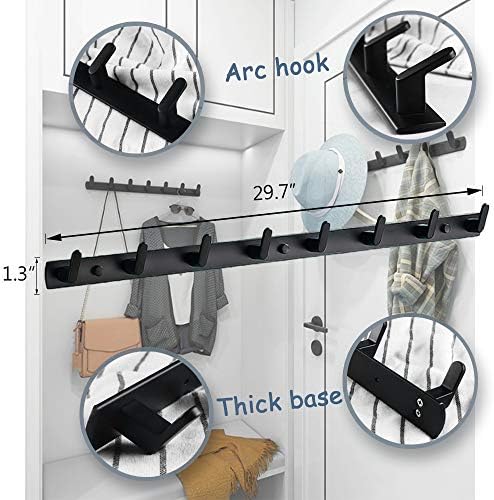 Wall Mounted Coat Rack, 8 Hooks, 29.7"x1.3", Modern, Black