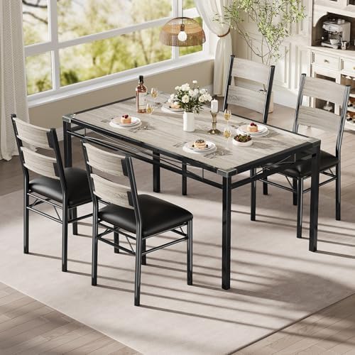 IDEALHOUSE Wood Dining Table Set for 4 with Corner Protector, Kitchen Table Chairs Set of 4 with Upholstered Chairs, Dining Room Table Set for 4, for Dining Room, Apartment,Retro Gray