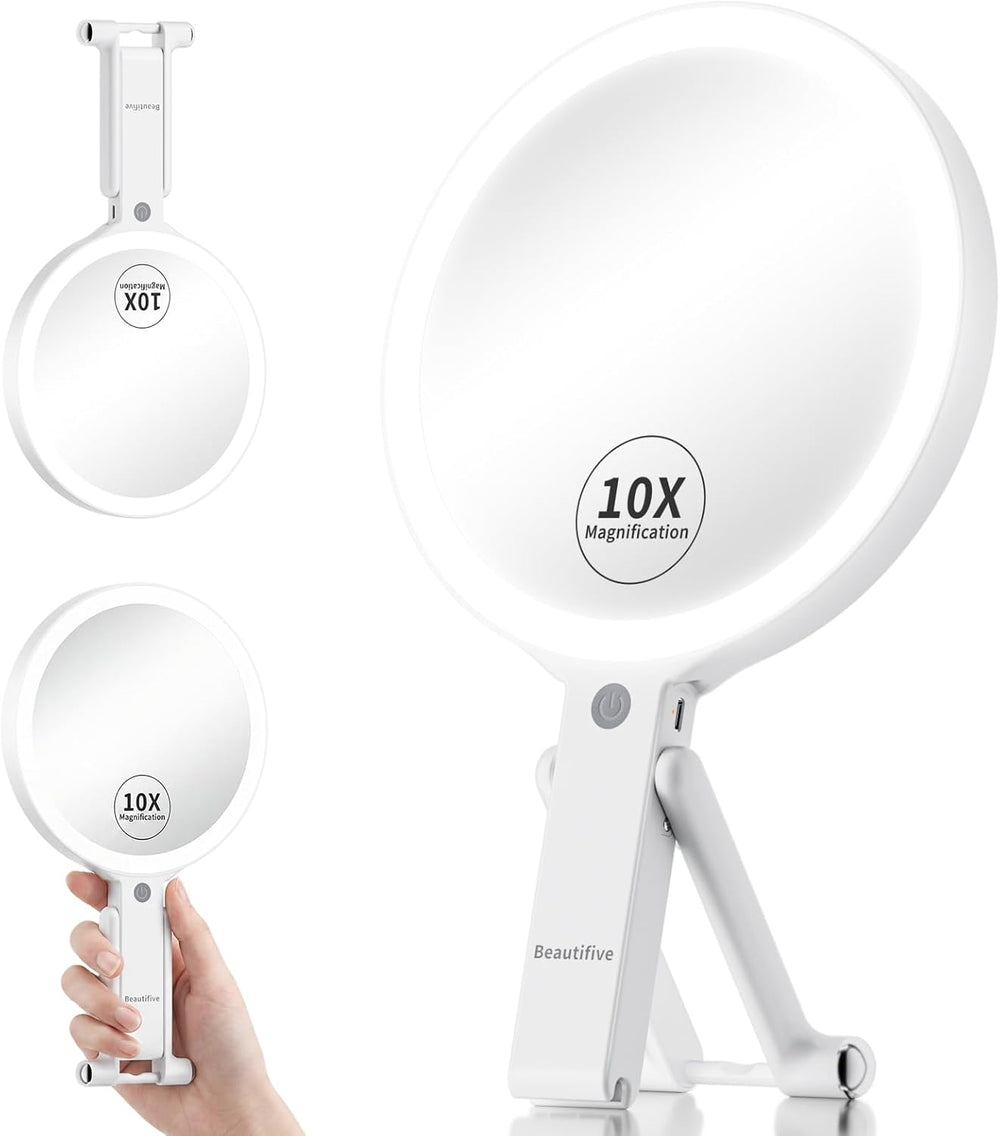 7.5" Large Travel Mirror with Light, Rechargeable 10X/1X Magnifying Mirror