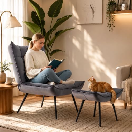 MCombo Accent Chair with Ottoman, Set of 2 Modern Velvet Wingback Reading Cha...