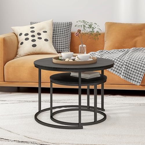 HOJINLINERO Round Nesting Coffee Table Set of 2,Wood Cocktail Table,Black | Center Table for Living Room,Small Apartment,Small Space,Side Tables,Easy Assembly,Sturdy Metal Frame Wooden Tabletop,Large