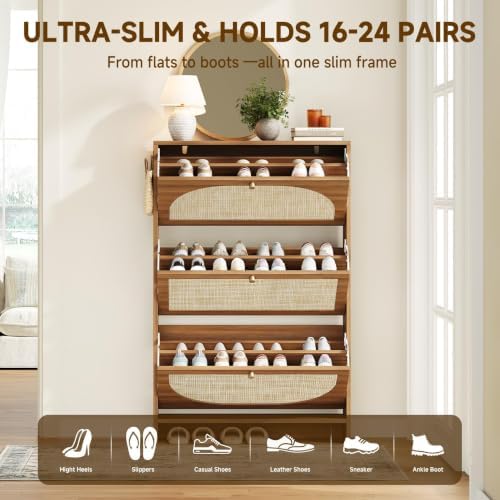 Nicetree Rattan Arched Accent Shoe Storage Cabinet - Freestanding Ultra Slim for Entryway, 3 Flip Drawers & 3-Tier Adjustable Shelves, Farmhouse Modern Rustic Shoe Rack for Hallway, Foyer, Living Room
