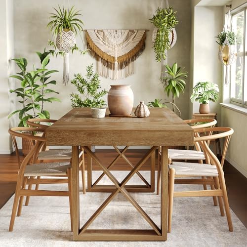 Little Tree 63-Inch Dining Table for 4-6 People, Farmhouse Thick Appearance Design, Rectangle Kitchen Dinner Table for Home, Rustic Yellowish Brown