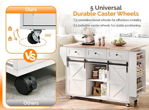 VINGLI 52" W Rolling Kitchen Island with Storage, Sliding Doors, White