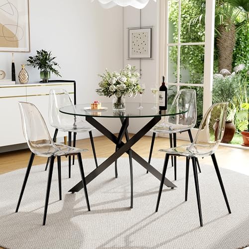 Clear Round Glass Dining Table Set for 4, 5 Piece Circle Kitchen Table Set, 36'' Modern Circular Dining Room Table Set, Minimalist Dining Set, Clear Acrylic Chair, for Small Place (Black)