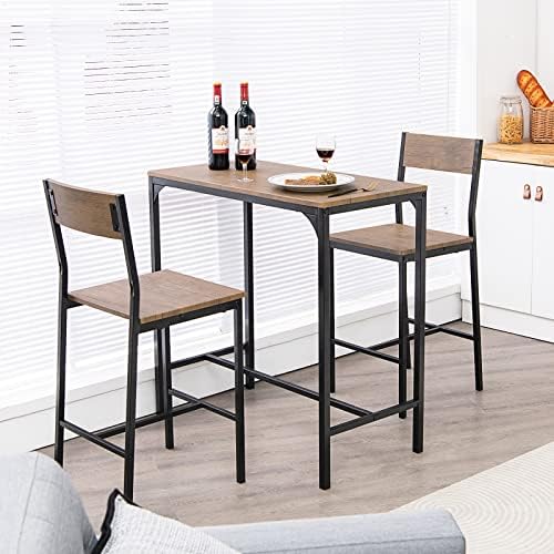 GIANTEX 3 Piece Pub Table Set, Bar Table and Chairs Set of 2, Kitchen Counter Height Dining Table Set, Dinette Set for Small Space Apartment Breakfast Nook Restaurant, Rustic Brown