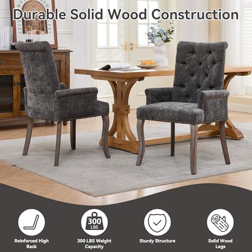 Farmhouse Upholstered Dining Chair with Arms & Nailhead Trim, Tufted Chen...