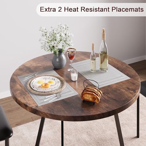 GAOMON Dining Table Set for 2, Kitchen Table and Chairs for 2 with Upholstered Chairs, 3 Piece Dining Room Table Set, Round Kitchen Table Set for Small Space, Apartment, Studio, Rustic Brown