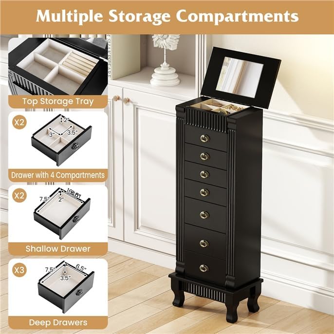 LDAILY Standing Jewelry Armoire Cabinet, Wooden Storage Chest