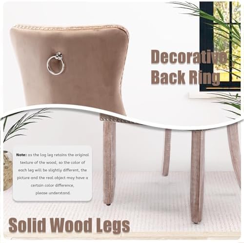 SoarFlash Velvet Dining Chairs Set of 6, Tall Back Side Chair, Modern Upholstered High-end Tufted Side Chair with Button Back Ring, Solid Wood Legs (Khaki)