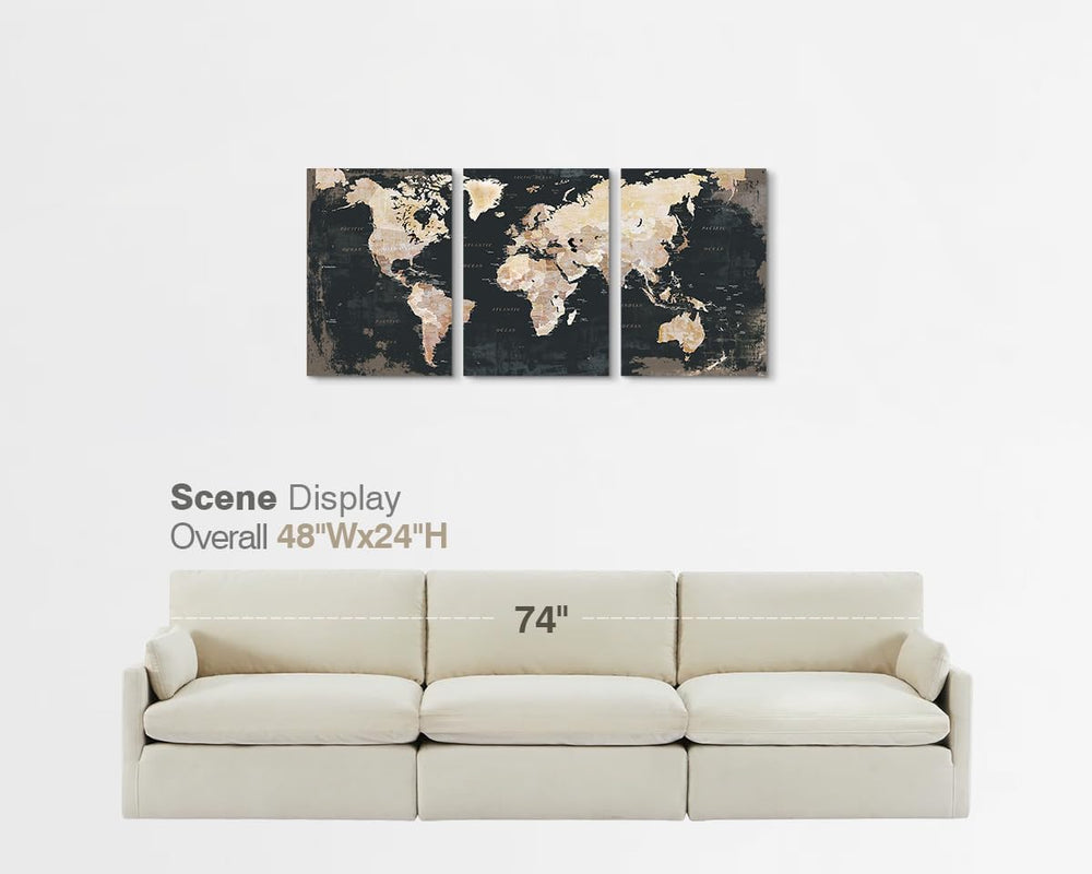 Office Wall Art for Living Room Bedroom Framed Black Vintage World Map