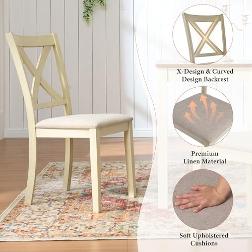 AMERLIFE 7-Piece Farmhouse Solid Wood Dining Table Set for 6, Rustic Cream