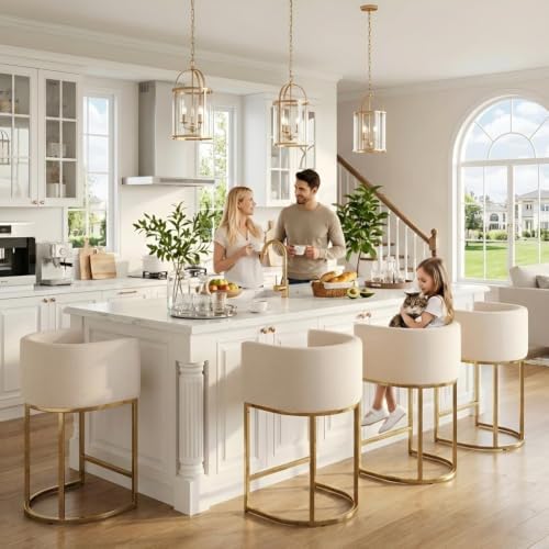 HNY Modern Counter Height Linen Cream Fabric Upholstered Counter Stool, 24 Inch Kitchen Island Stool with Gold Metal Frame