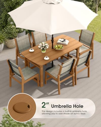 HDPE Outdoor Dining Set, Patio Table and 6 Stackable Armless Chairs, Teak (7-Piece)