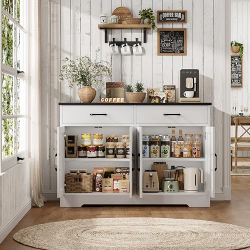 HOSTACK 47" W Kitchen Sideboard Buffet Cabinet with Storage Drawers, White