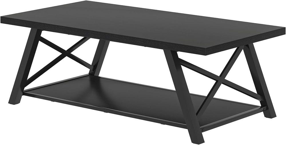EXCEFUR Black Coffee Table, Modern Wood and Metal Center Table with Storage S...